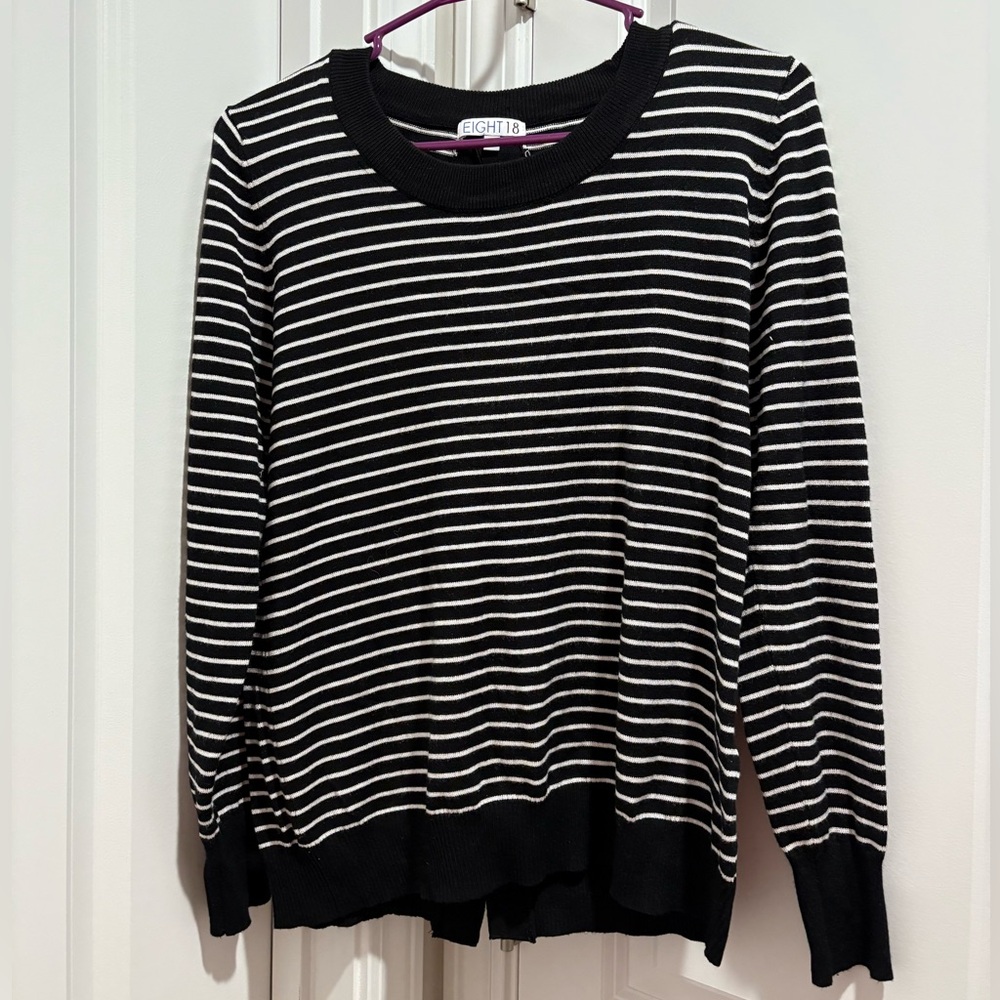 Black and White Striped Crew Neck Sweater